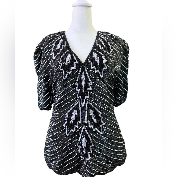 Vintage Stenay Black and White Sequin and Beaded Top Medium - Picture 1 of 10